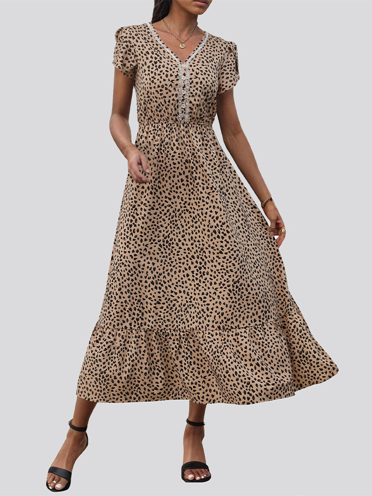 Leopard European style long summer repair waist dress