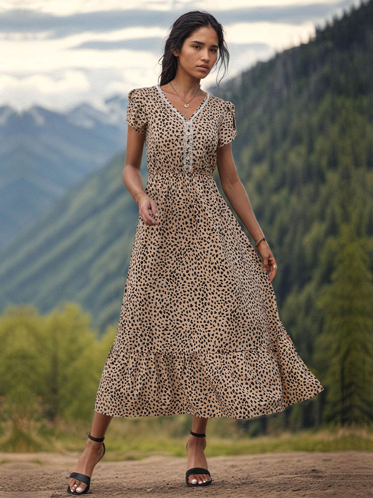 Leopard European style long summer repair waist dress