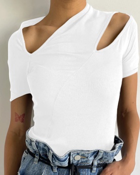 Hollow fashion oblique collar T-shirt for women