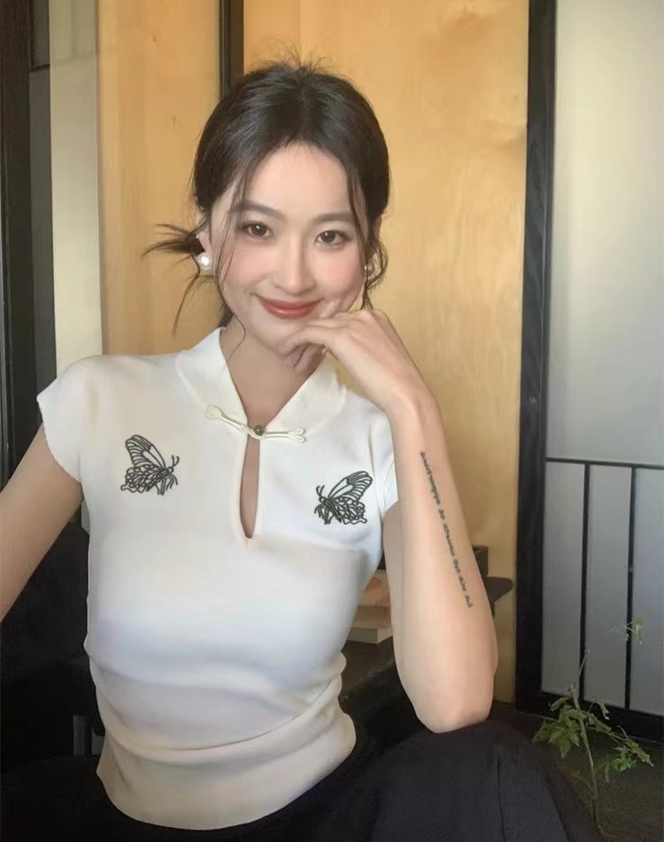 Embroidery thin hollow T-shirt summer slim tops for women
