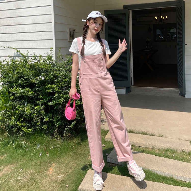 Casual summer bib pants pink loose pants for women
