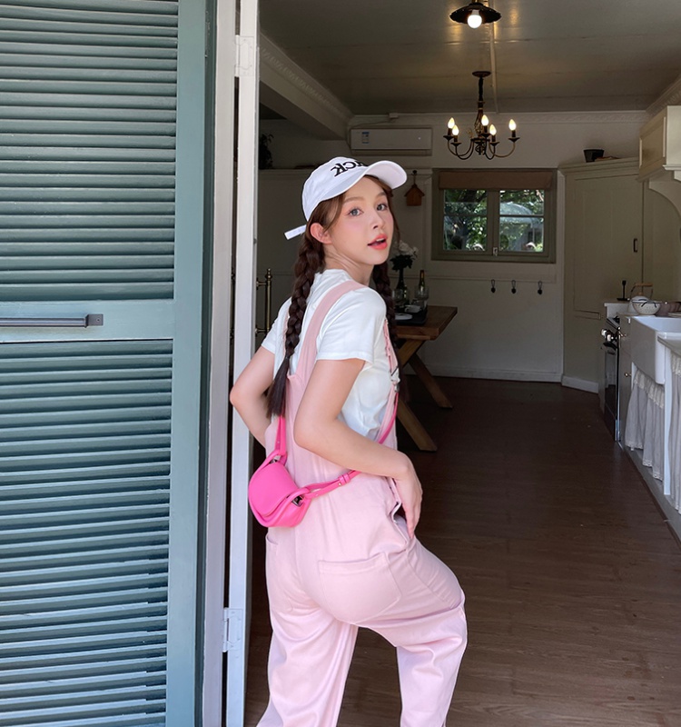 Casual summer bib pants pink loose pants for women