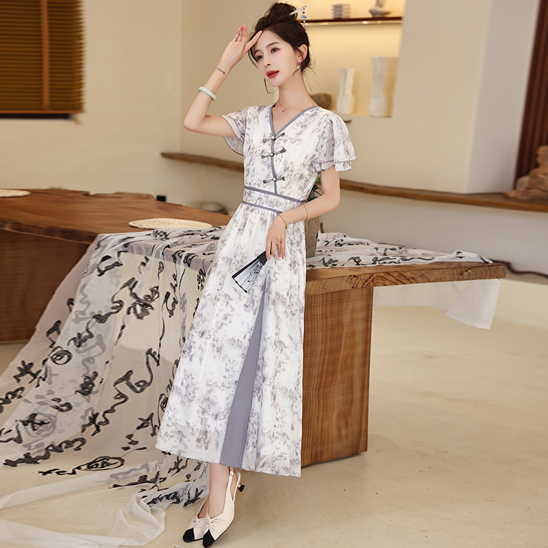 Printing ink summer boats sleeve retro dress for women
