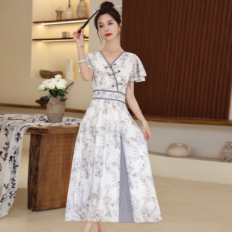 Printing ink summer boats sleeve retro dress for women
