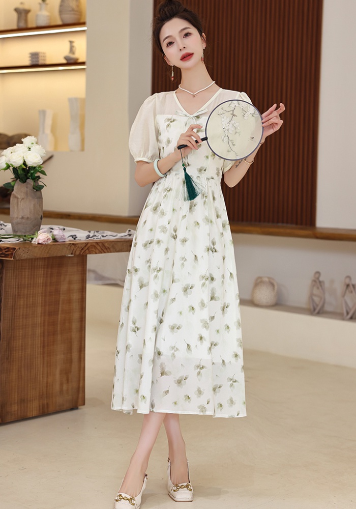 Splice Chinese style retro bow printing summer dress