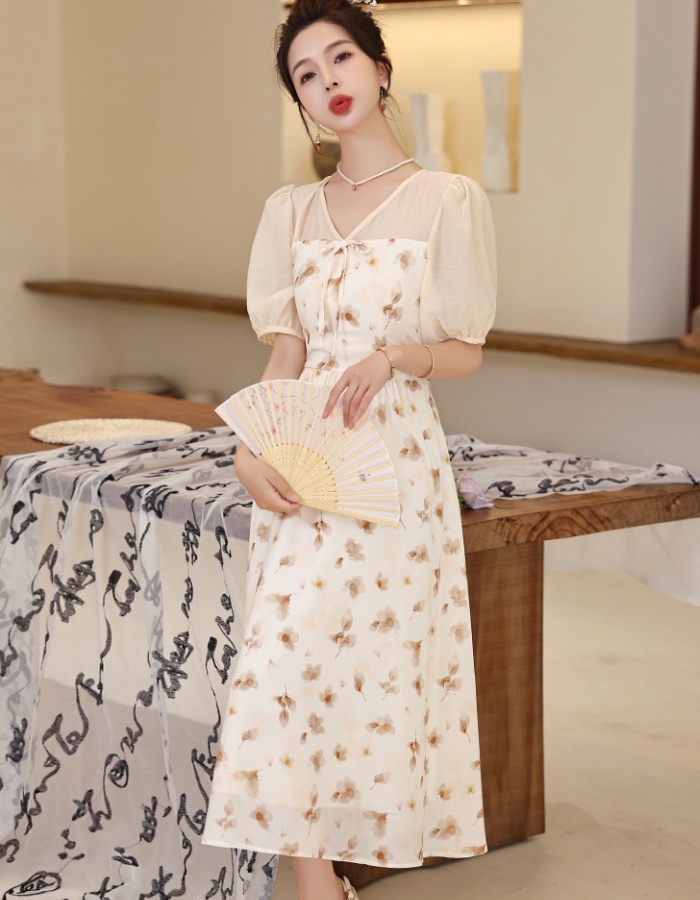 Splice Chinese style retro bow printing summer dress