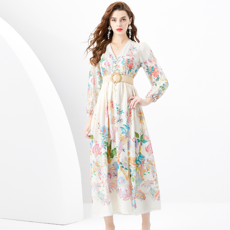 Lace V-neck spring and summer printing lantern sleeve dress