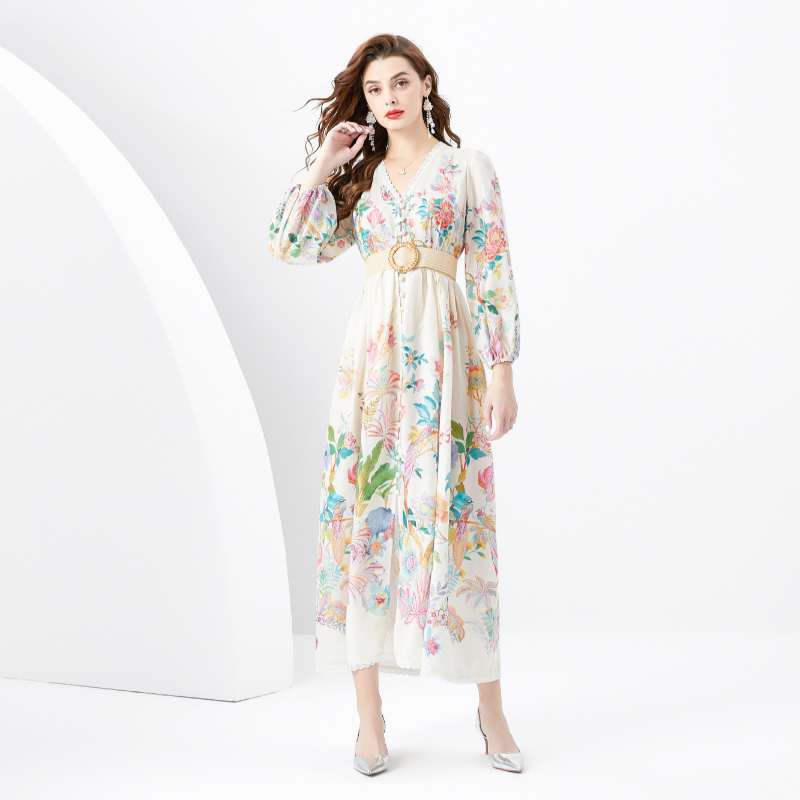 Lace V-neck spring and summer printing lantern sleeve dress
