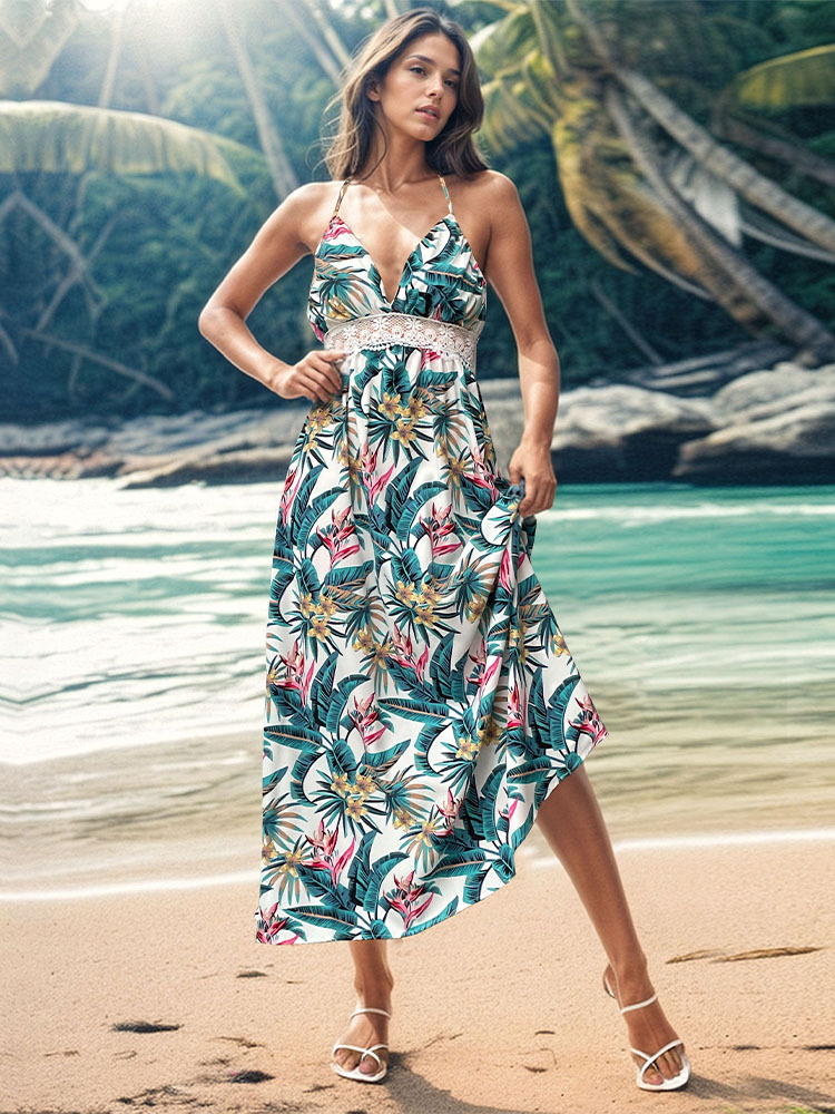 Printing vacation summer sling dress for women