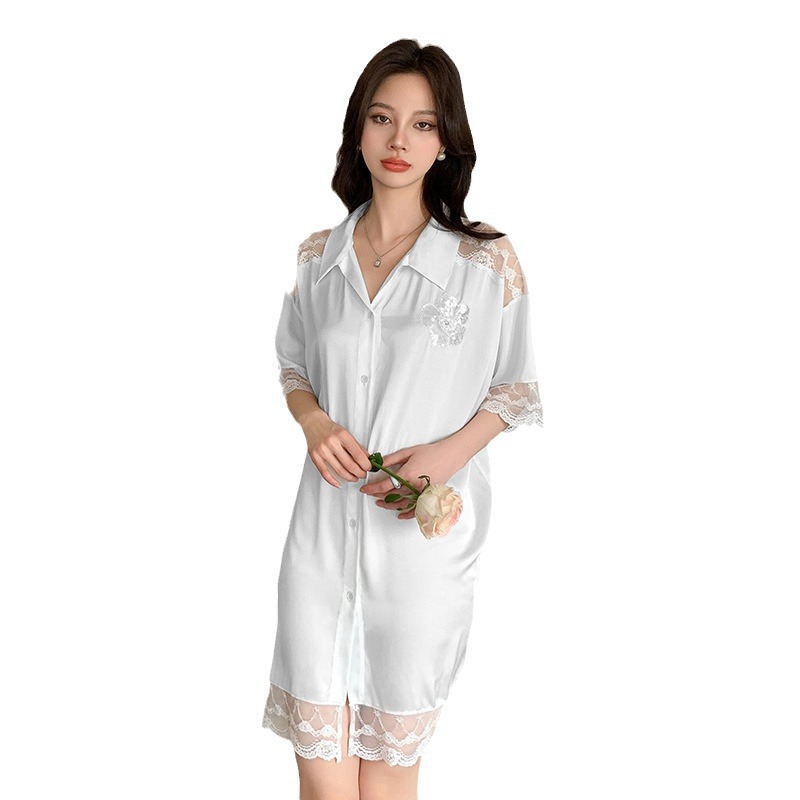 Summer homewear shirt lapel silk cardigan for women
