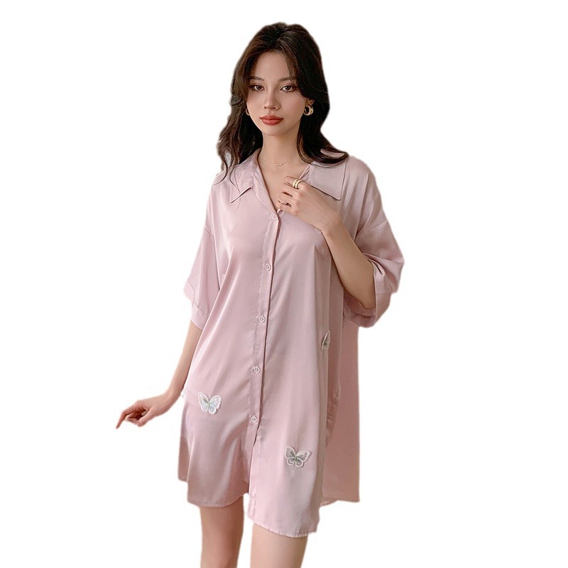 Silk summer night dress lapel homewear cardigan for women