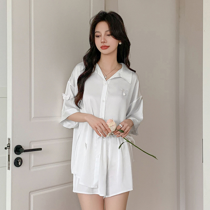 White silk cardigan homewear summer shorts a set for women