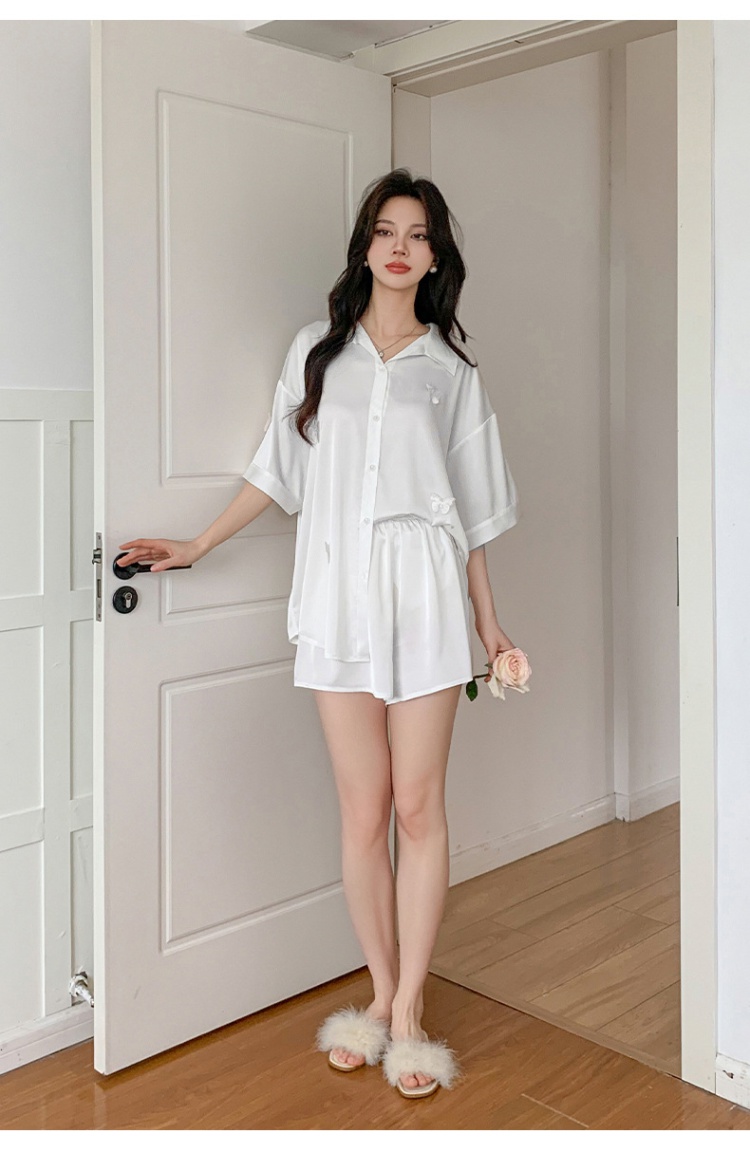 White silk cardigan homewear summer shorts a set for women