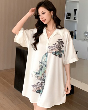 Summer lapel cardigan silk loose night dress for women