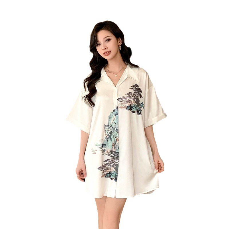 Summer lapel cardigan silk loose night dress for women