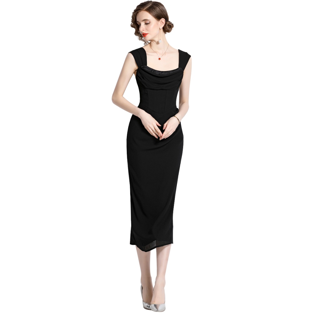 Wrapped chest split fold long pinched waist dress