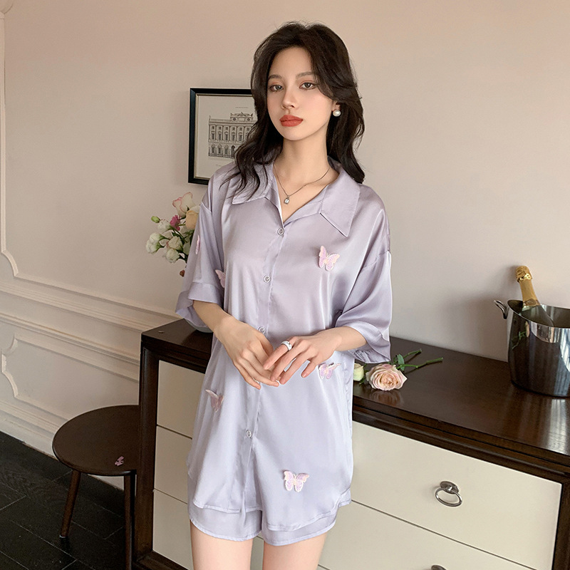 Homewear lapel cardigan silk shorts a set for women
