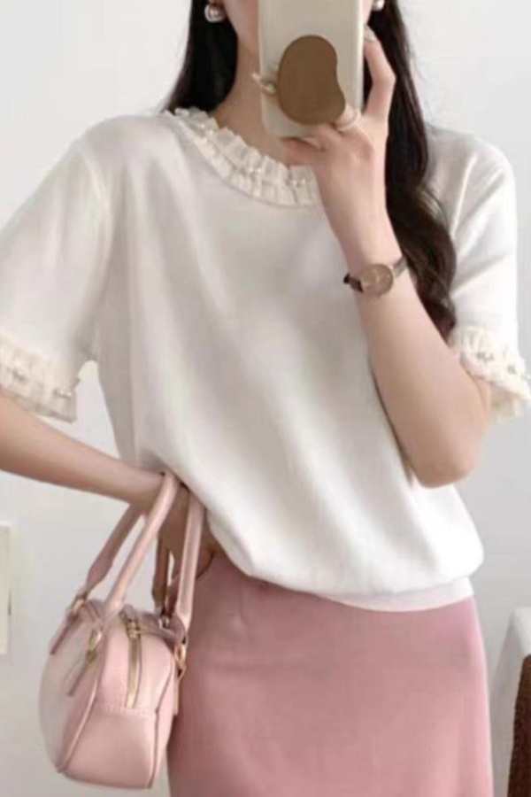 Short sleeve stand collar knitted T-shirt for women