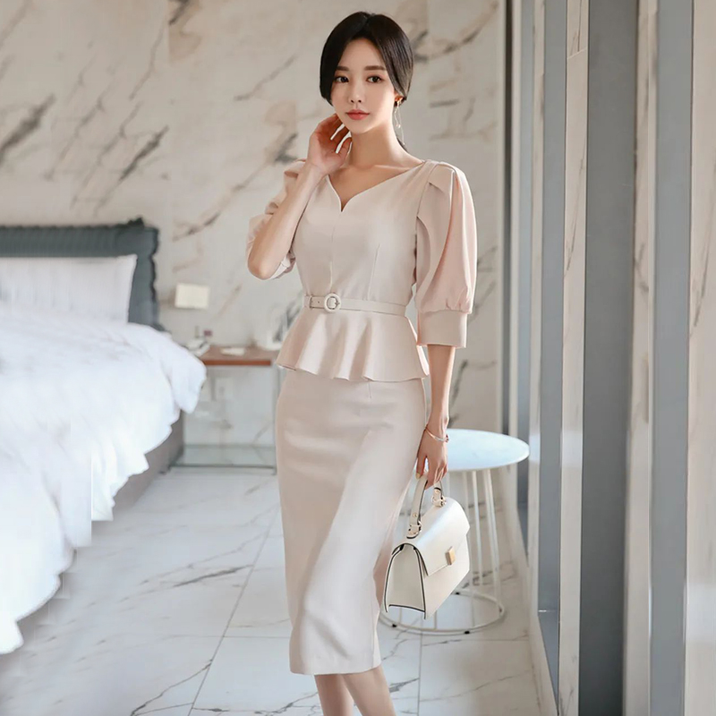 Korean style pure simple dress summer profession V-neck belt