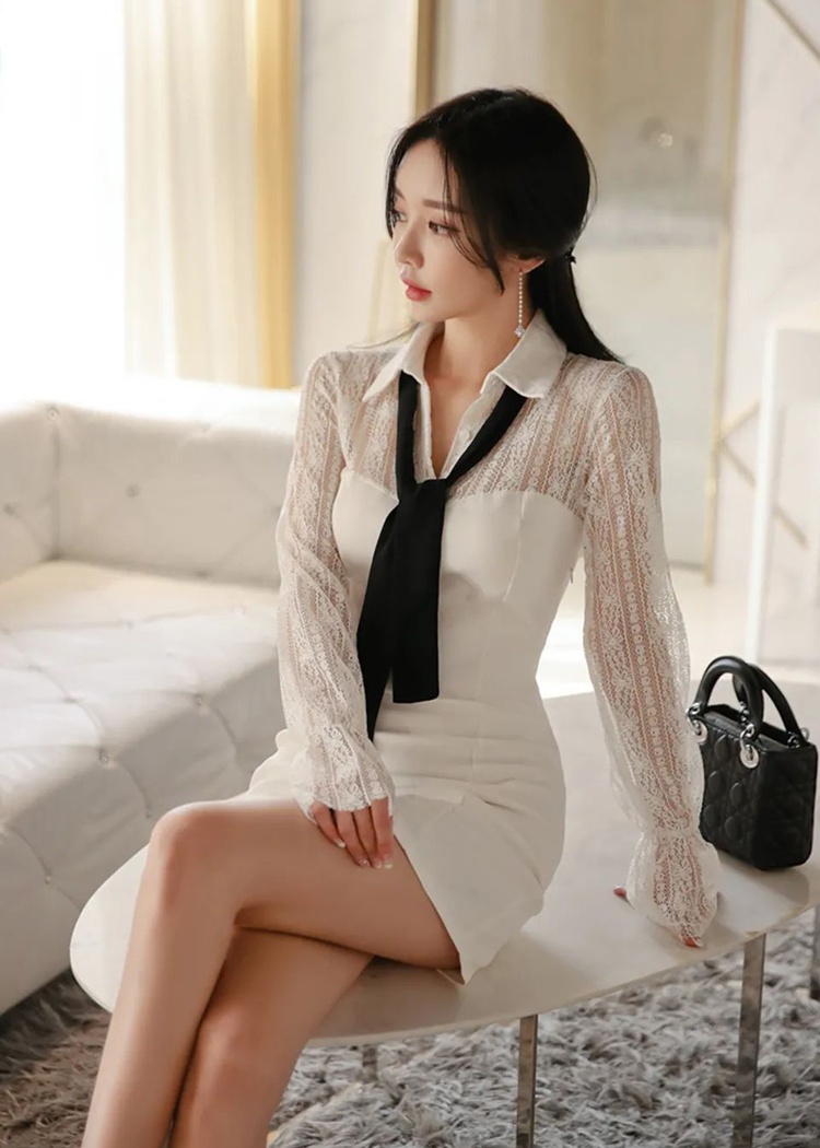 Splice bottoming spring dress lace long sleeve fashion shirt