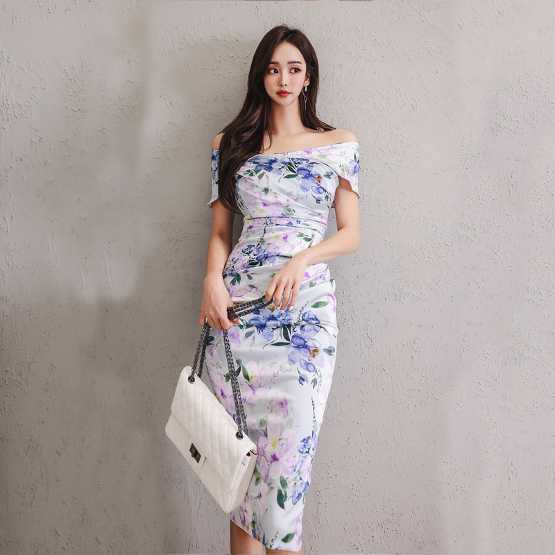Slim flat shoulder dress hip Korean style long package