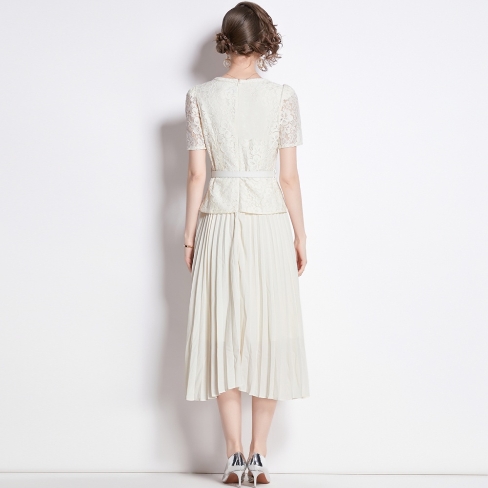 Pleated splice summer slim long lace light luxury dress