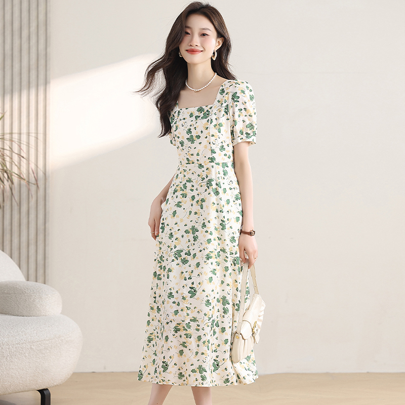 Lady A-line square collar slim summer dress for women