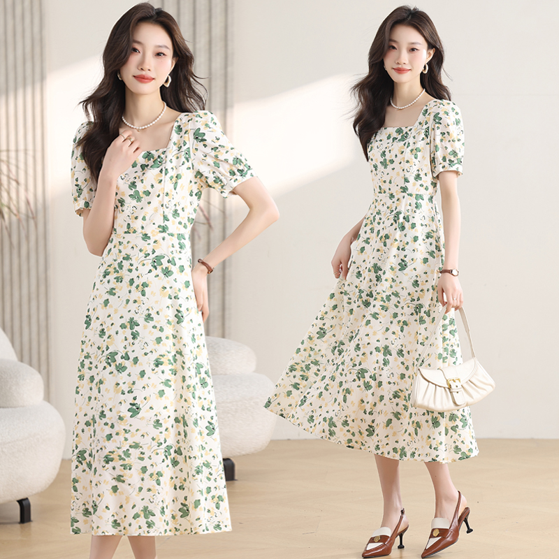 Lady A-line square collar slim summer dress for women