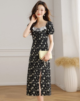 Black France style Casual floral daisy dress for women
