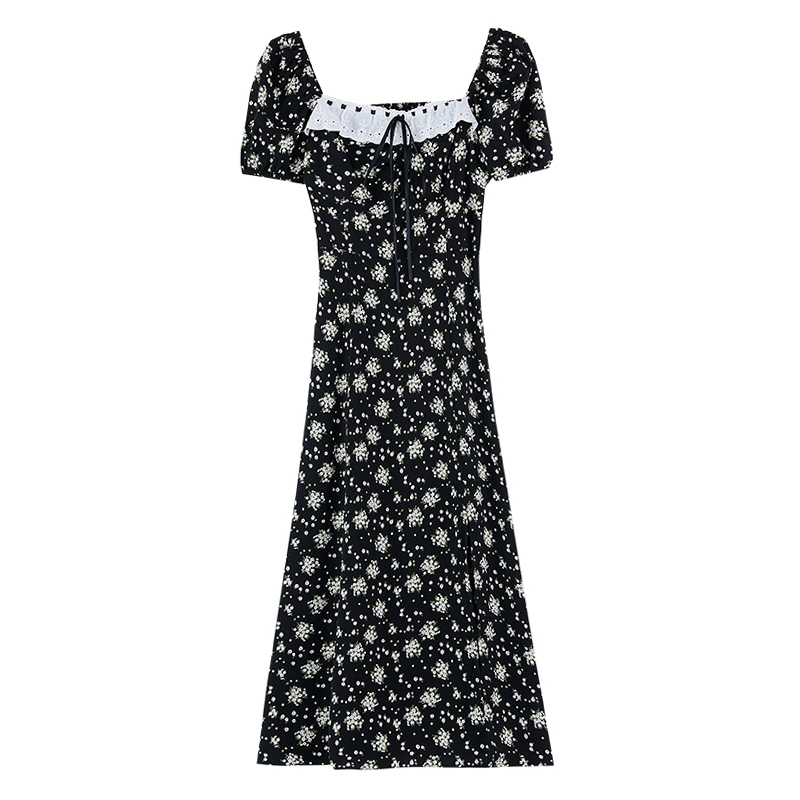 Black France style Casual floral daisy dress for women