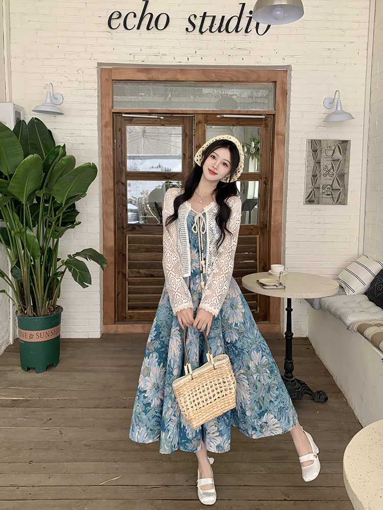 Spring retro canvas long dress floral dress for women