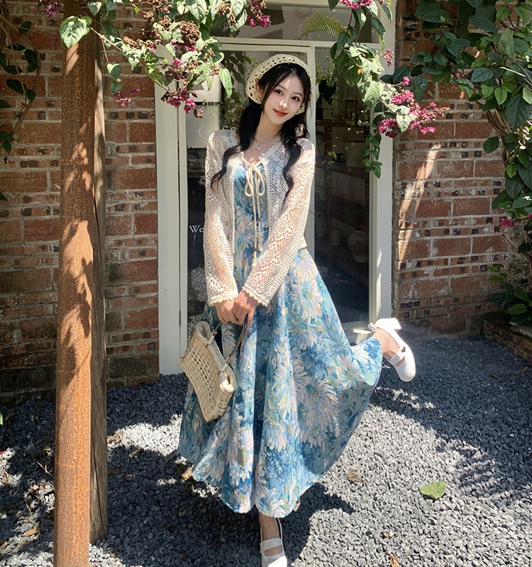 Spring retro canvas long dress floral dress for women
