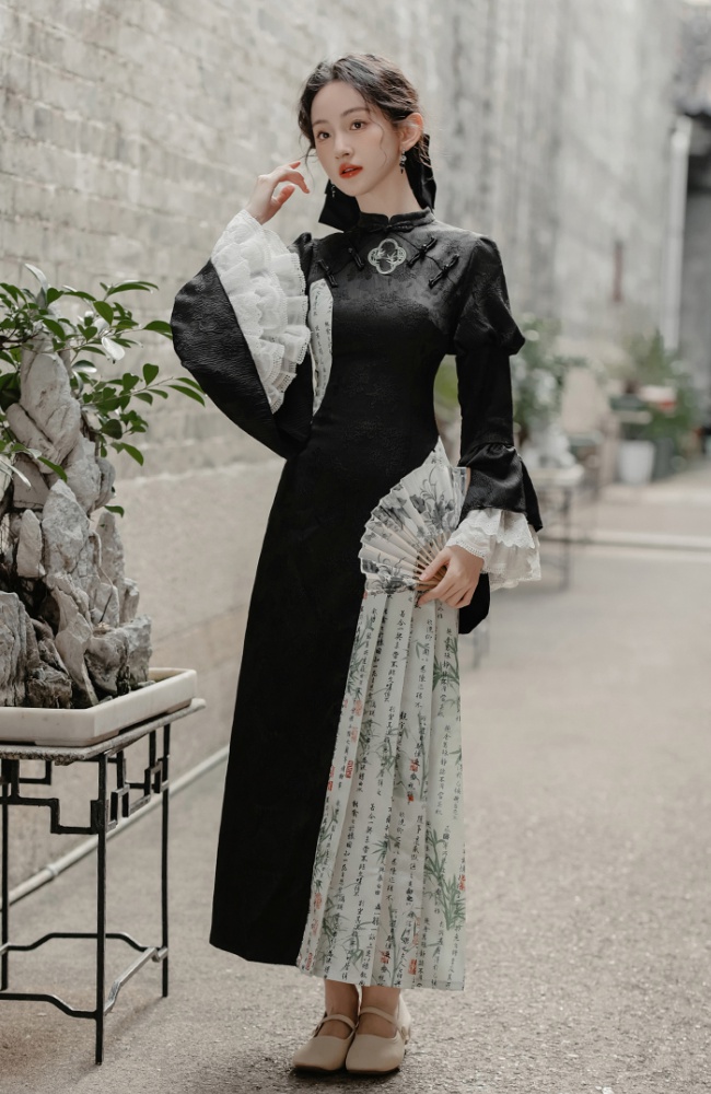 Chinese style dress trumpet sleeves long dress