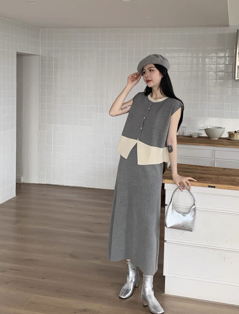 Fashion round neck sweater splice all-match skirt a set