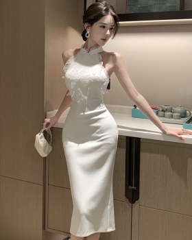 Ladies slim halter formal dress lace big flower dress