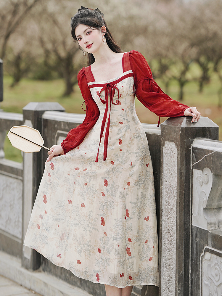 Long sleeve Chinese style dress chiffon long dress