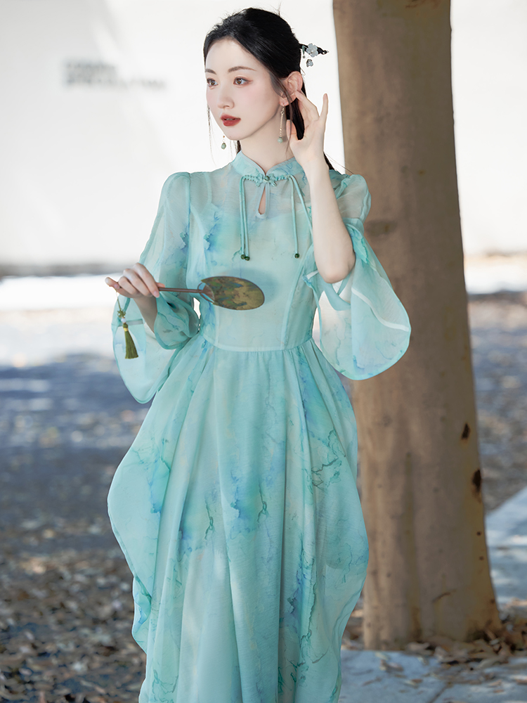 Chinese style short sleeve chiffon trumpet sleeves dress
