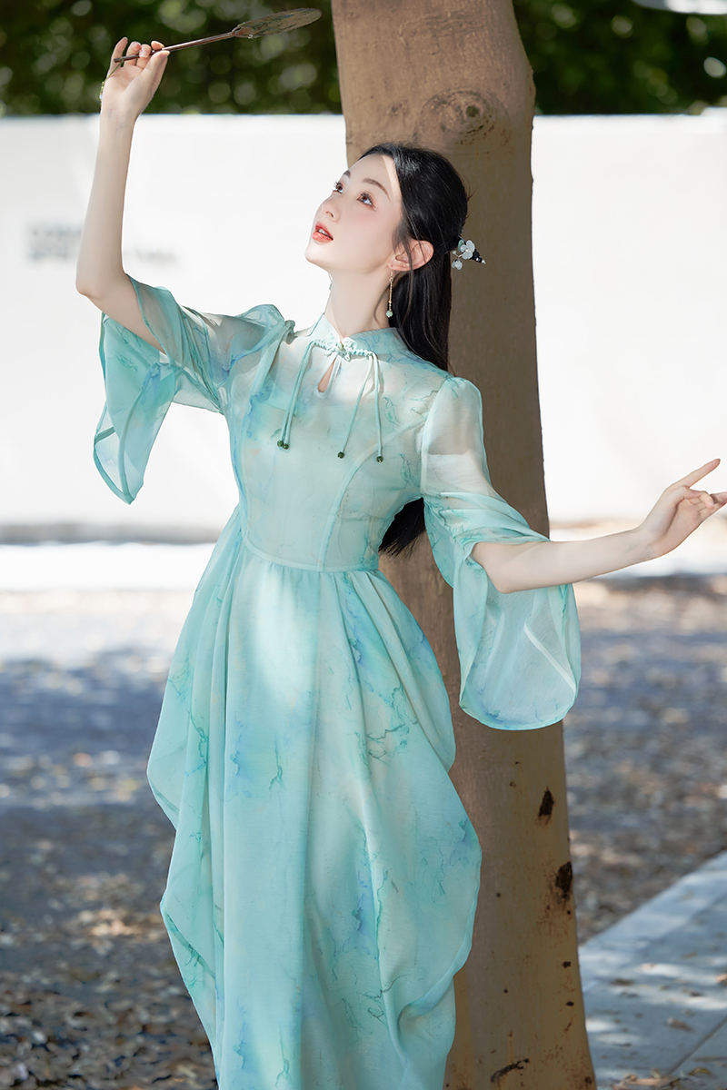 Chinese style short sleeve chiffon trumpet sleeves dress