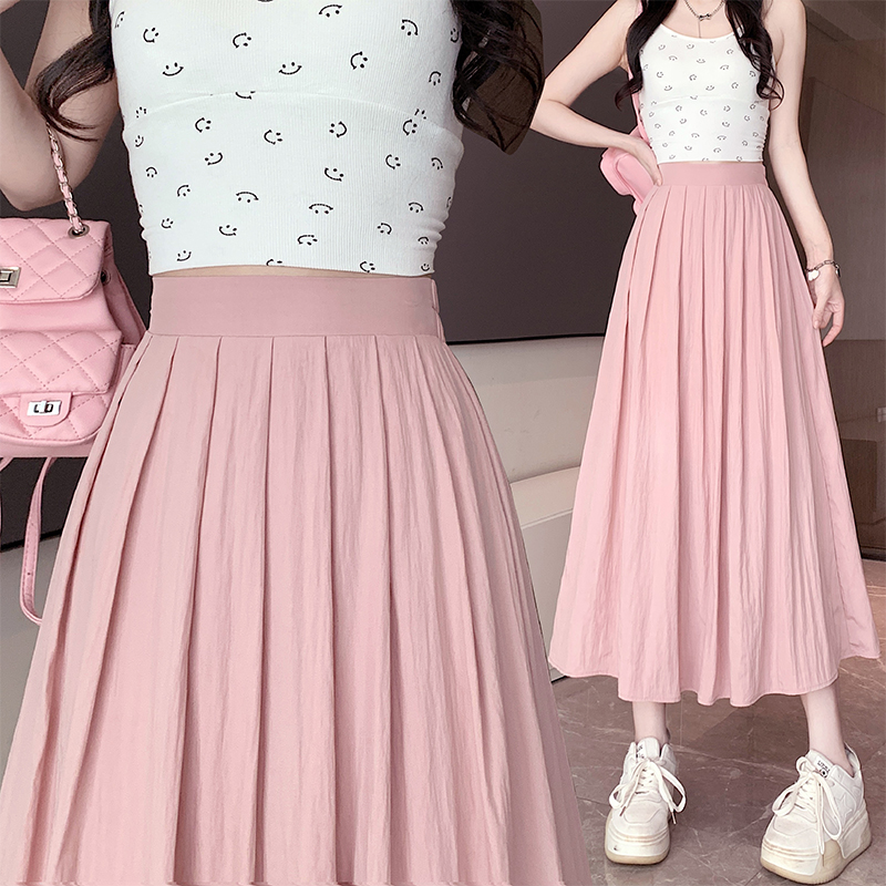 Pink high waist pleated long slim skirt for women