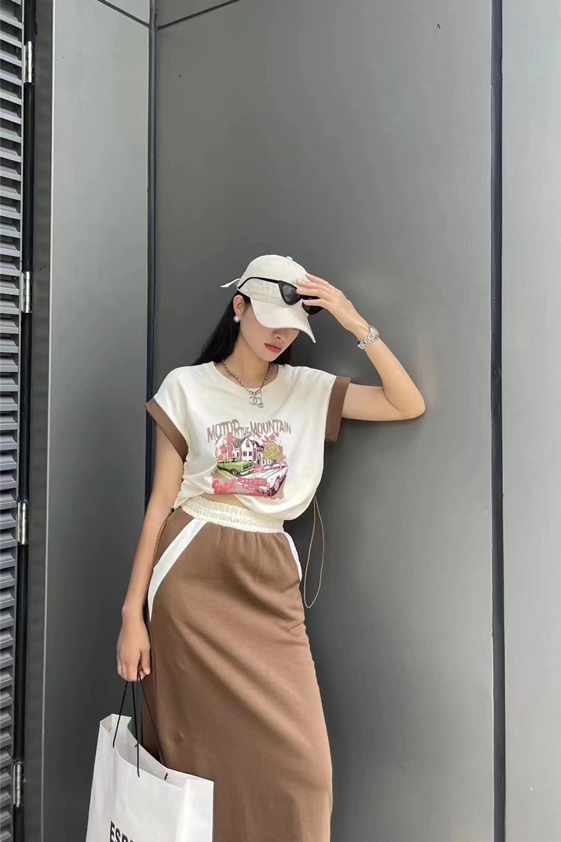 Spring and summer long skirt printing T-shirt 2pcs set