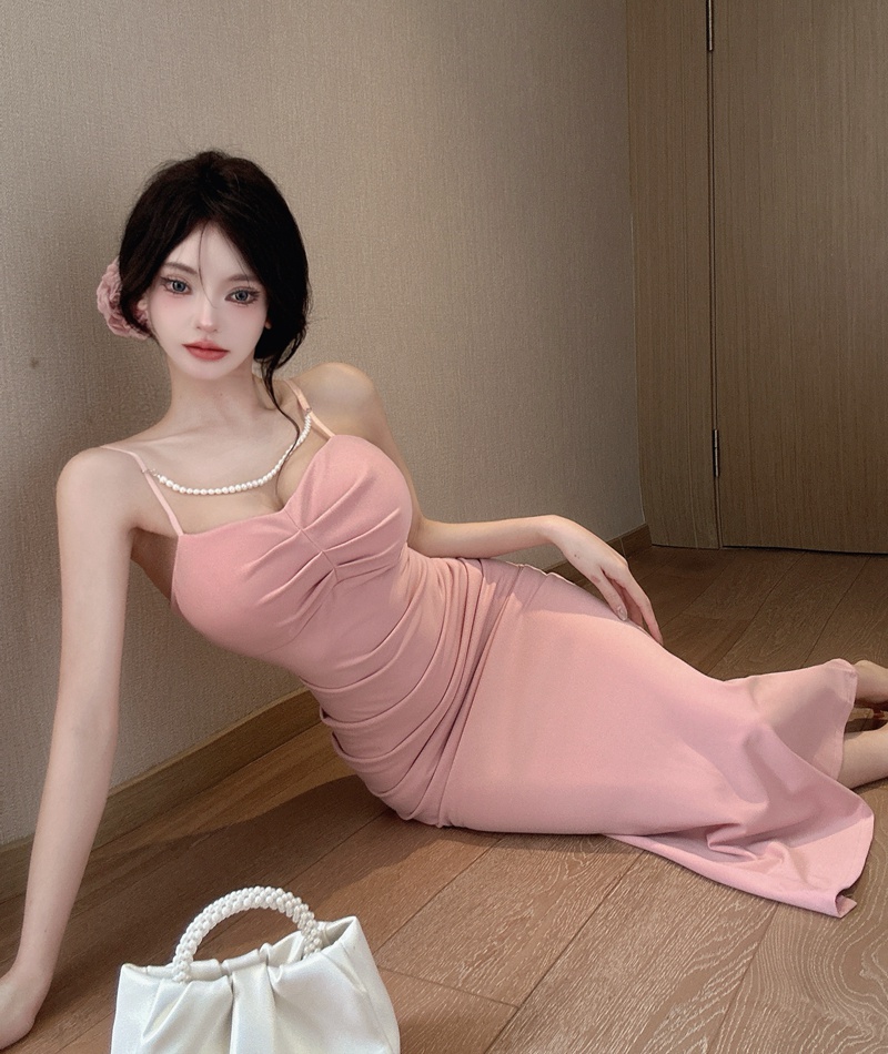 France style pearls chain dress sexy sling long dress
