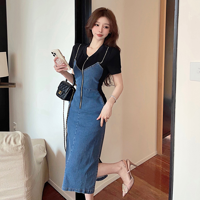 Fashion sling Pseudo-two pinched waist splice dress