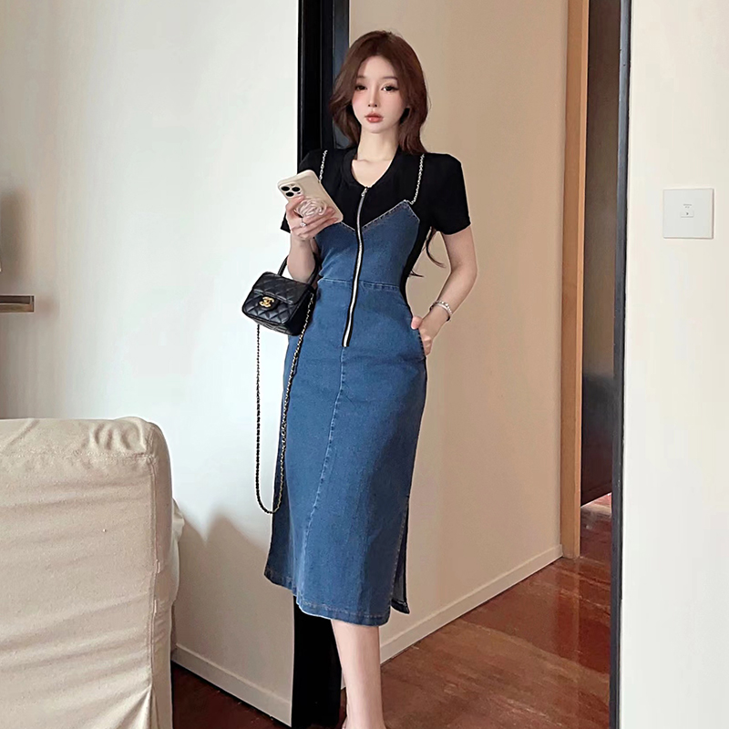 Fashion sling Pseudo-two pinched waist splice dress