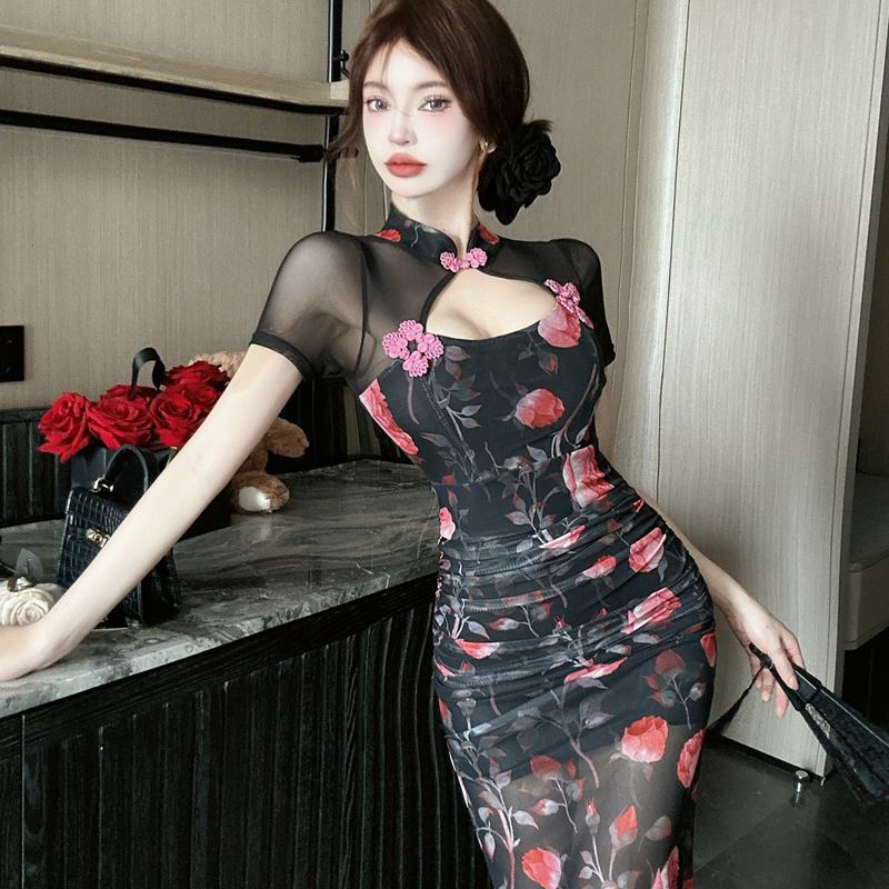 Splice hollow long dress sexy printing cheongsam