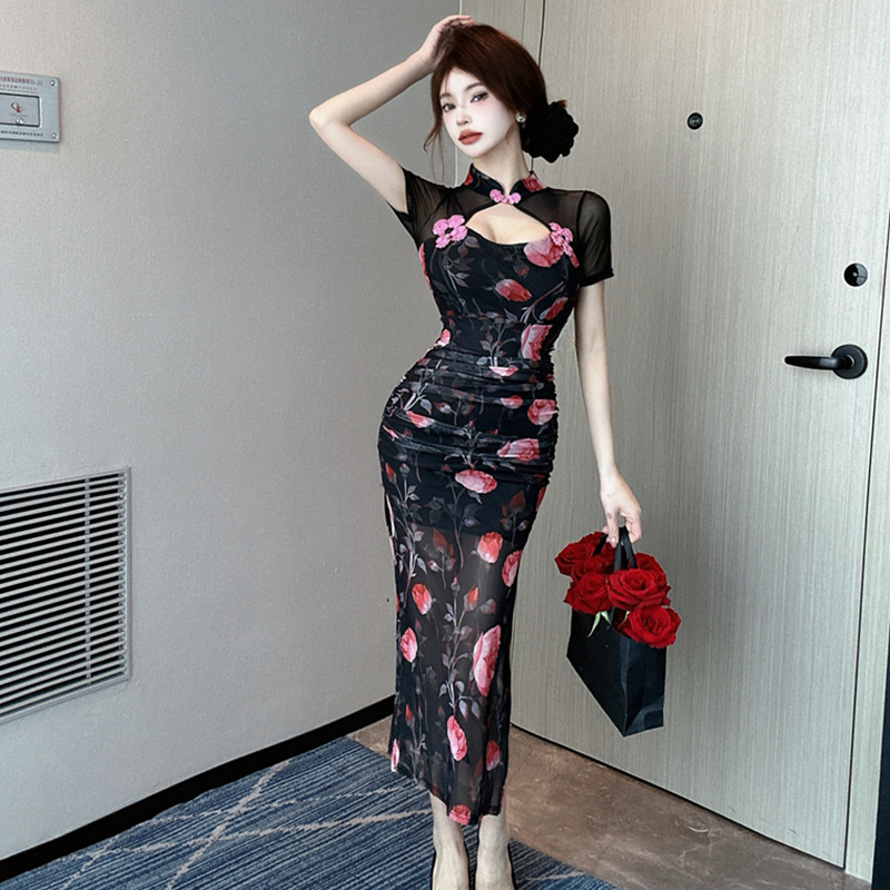 Splice hollow long dress sexy printing cheongsam