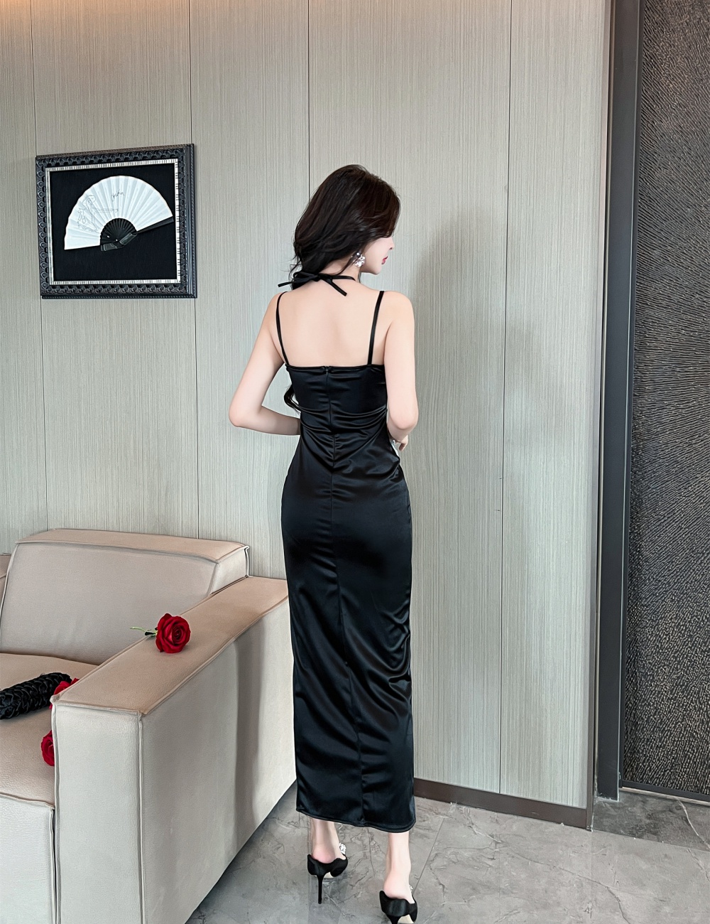 Sexy long satin dress slit sling bottoming formal dress