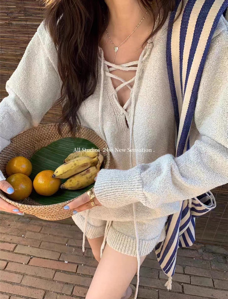 Hollow Casual sweater slim spring and summer shorts 2pcs set