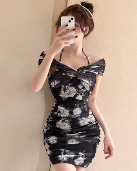 Printing fold sexy slim dress