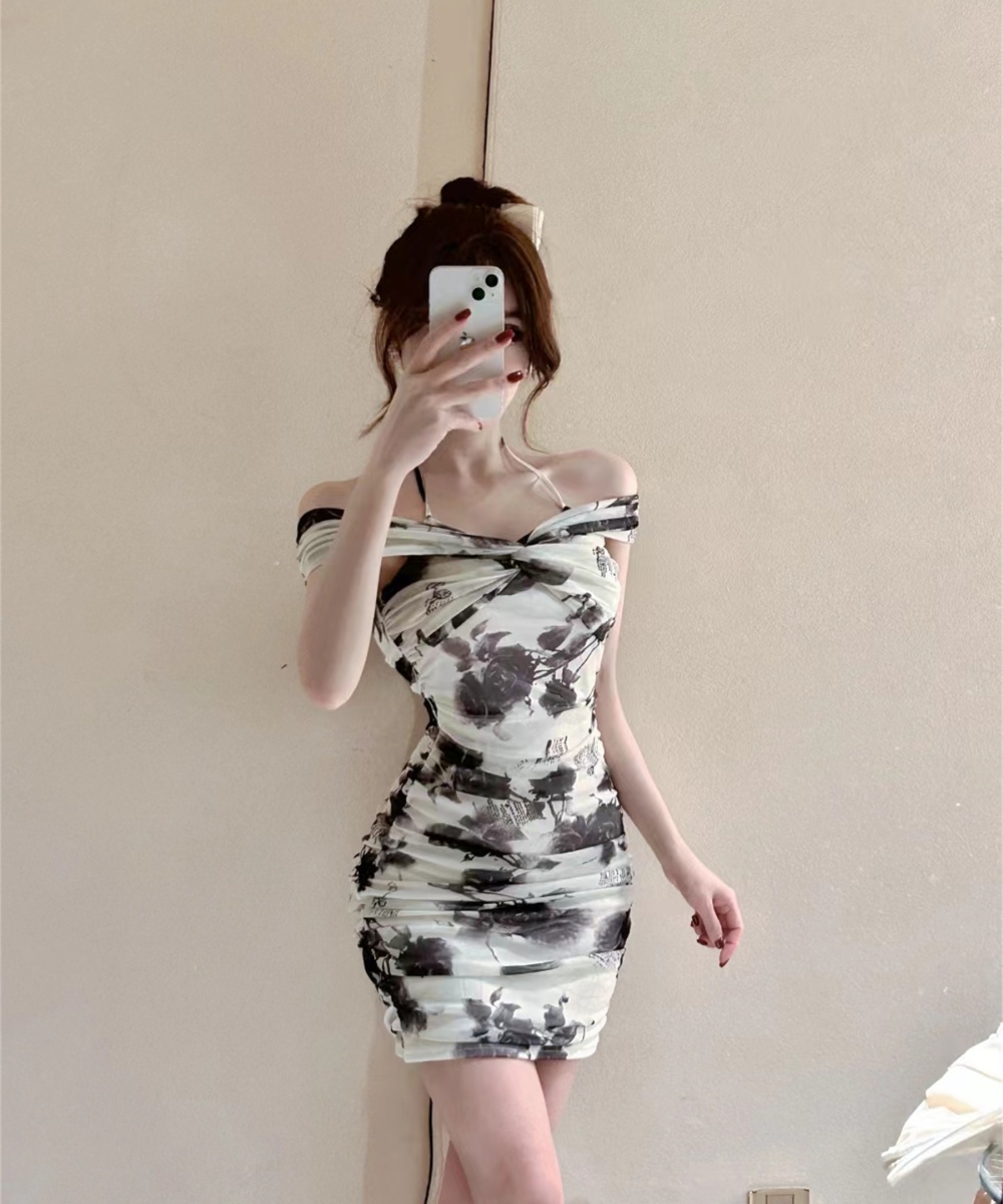 Printing fold sexy slim dress