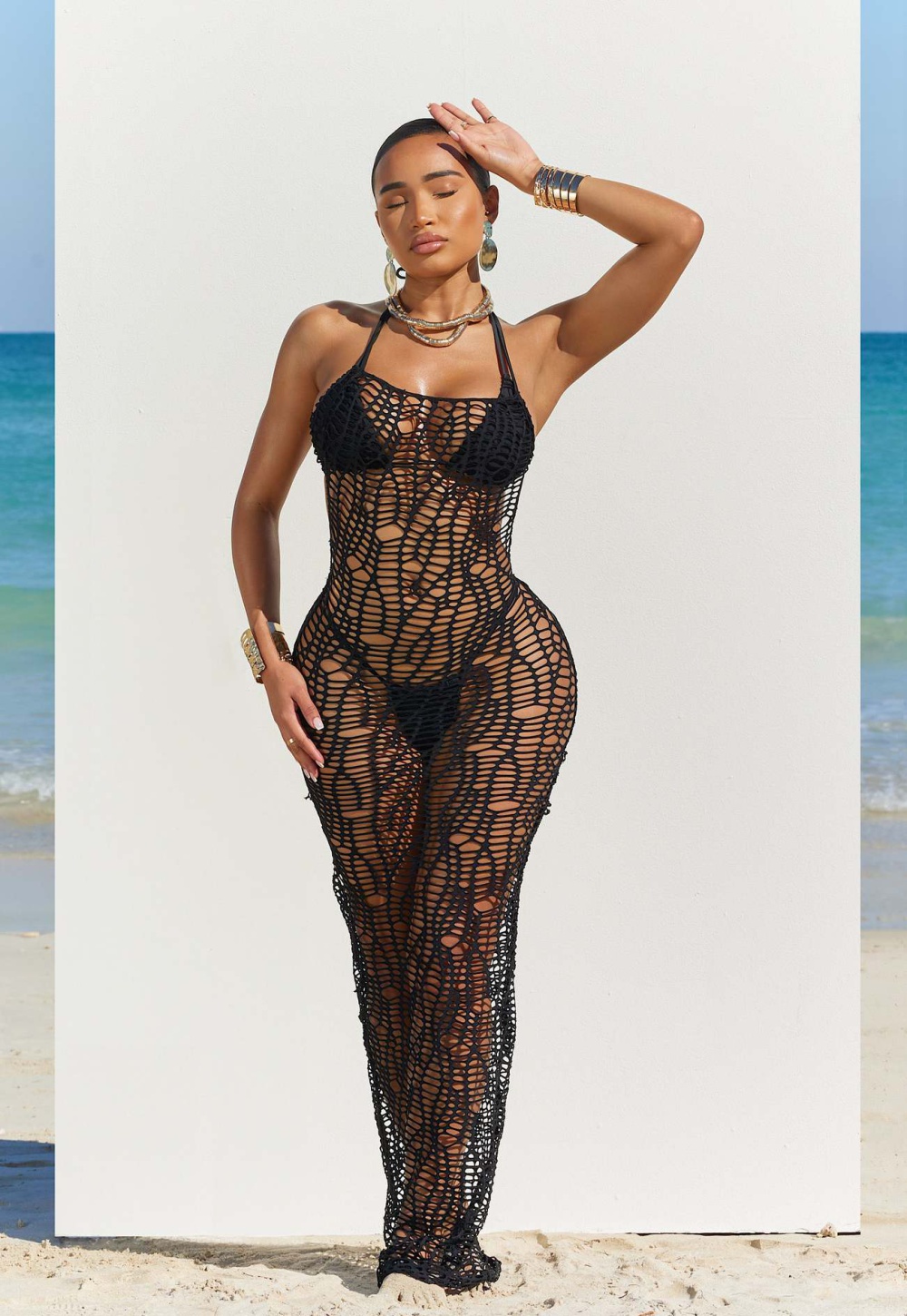 Sandy beach T-back halter long skirt 3pcs set for women
